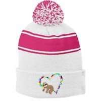 Sloth Sleep On Heart Puzzle Sloth Lover Autism Awareness Stripe Pom Pom Beanie