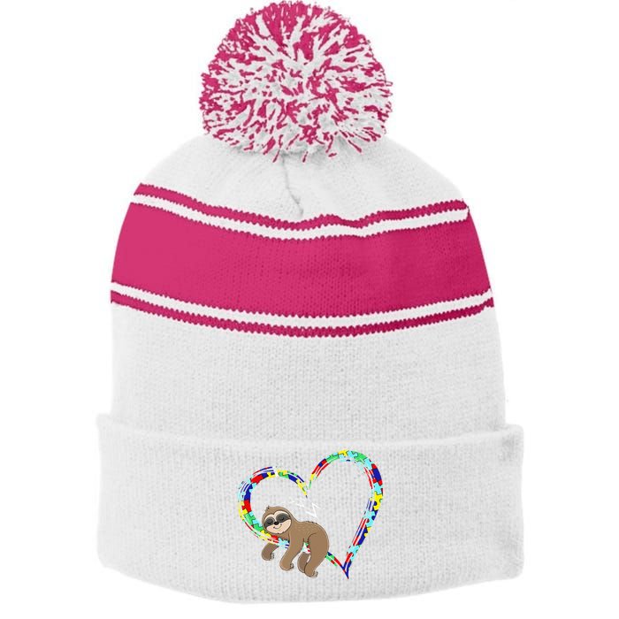 Sloth Sleep On Heart Puzzle Sloth Lover Autism Awareness Stripe Pom Pom Beanie