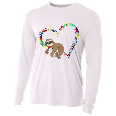 Sloth Sleep On Heart Puzzle Sloth Lover Autism Awareness Cooling Performance Long Sleeve Crew