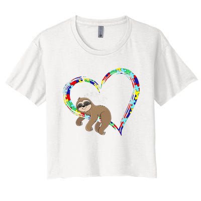 Sloth Sleep On Heart Puzzle Sloth Lover Autism Awareness Women's Crop Top Tee