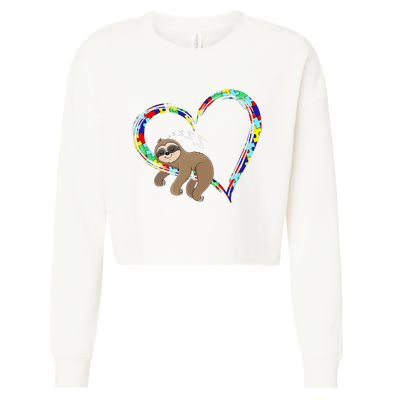 Sloth Sleep On Heart Puzzle Sloth Lover Autism Awareness Cropped Pullover Crew