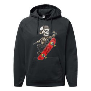 Skateboarder Skate Or Die Skeleton Skater Skateboard Gift Performance Fleece Hoodie