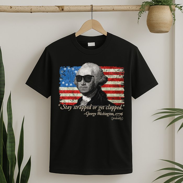 Stay strapped or get clapped George Washington 4th of July T-Shirt
