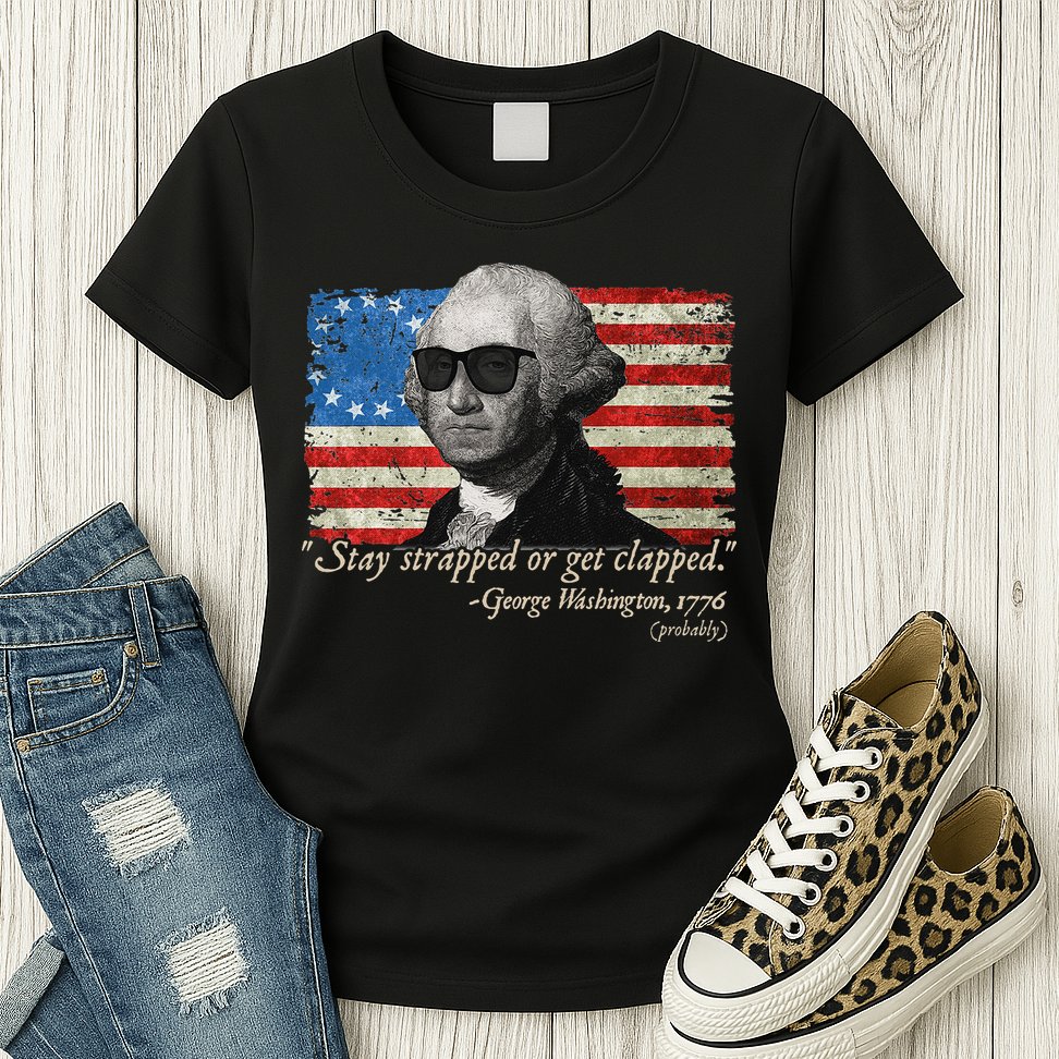 Stay strapped or get clapped George Washington 4th of July Womens T-Shirt