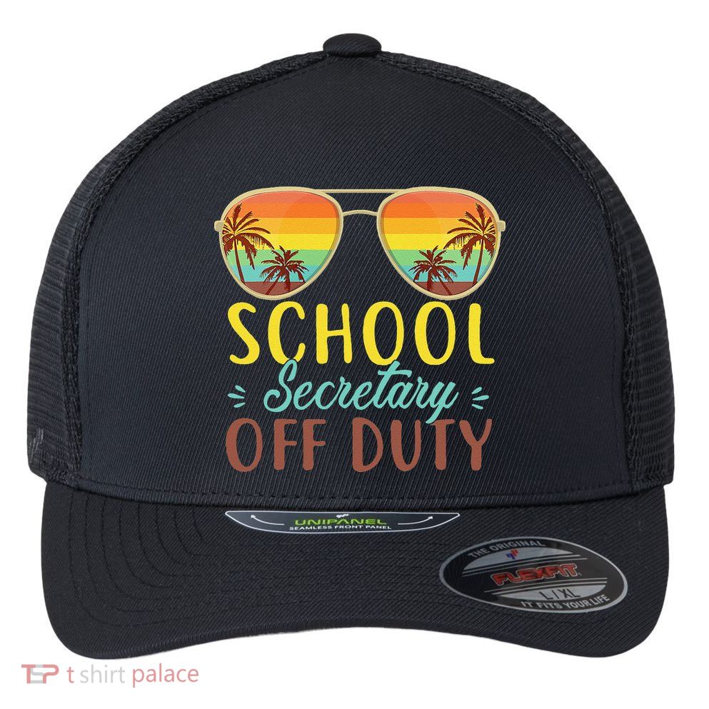 School Secretary Off Duty Summer Vacation Last Day Of School Flexfit Unipanel Trucker Cap