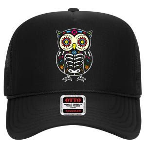 Sugar Skull Owl Dia De Los Muertos Halloween High Crown Mesh Back Trucker Hat