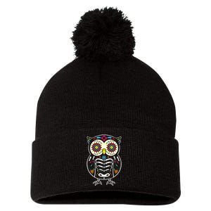 Sugar Skull Owl Dia De Los Muertos Halloween Pom Pom 12in Knit Beanie