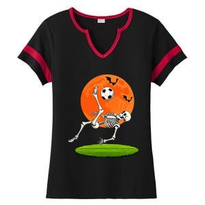 Soccer Skeleton Overhead Kick Soccer Player Halloween Moon Ladies Halftime Notch Neck Tee