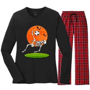 Soccer Skeleton Overhead Kick Soccer Player Halloween Moon Women's Long Sleeve Flannel Pajama Set 