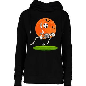 Soccer Skeleton Overhead Kick Soccer Player Halloween Moon Womens Funnel Neck Pullover Hood