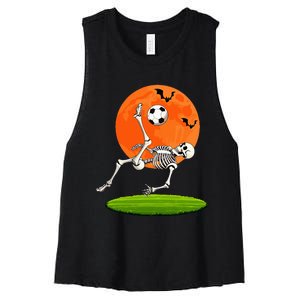 Soccer Skeleton Overhead Kick Soccer Player Halloween Moon Women's Racerback Cropped Tank