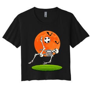 Soccer Skeleton Overhead Kick Soccer Player Halloween Moon Women's Crop Top Tee