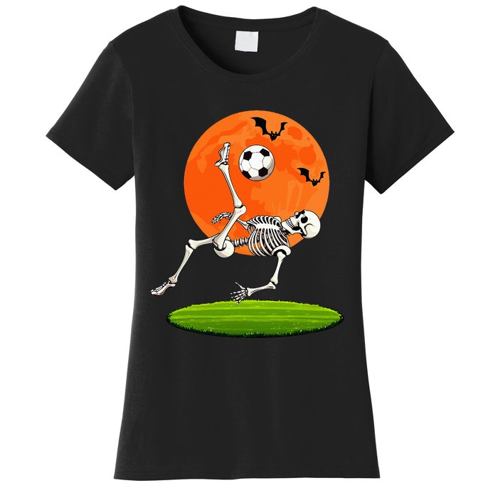 Soccer Skeleton Overhead Kick Soccer Player Halloween Moon Women's T-Shirt