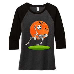 Soccer Skeleton Overhead Kick Soccer Player Halloween Moon Women's Tri-Blend 3/4-Sleeve Raglan Shirt