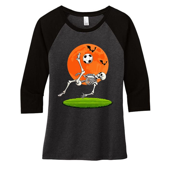 Soccer Skeleton Overhead Kick Soccer Player Halloween Moon Women's Tri-Blend 3/4-Sleeve Raglan Shirt