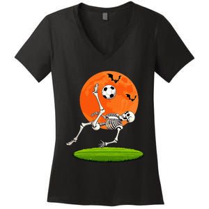 Soccer Skeleton Overhead Kick Soccer Player Halloween Moon Women's V-Neck T-Shirt