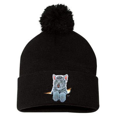 Schim Schimmel Original Artwork, White Tiger Cub Pom Pom 12in Knit Beanie
