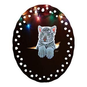 Schim Schimmel Original Artwork, White Tiger Cub Ceramic Oval Ornament