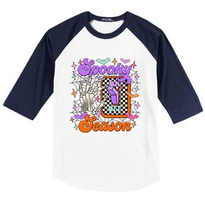 Spooky Season On Skeleton Hand Halloween Pumpkin Baseball Sleeve Shirt