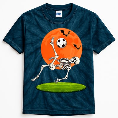 Soccer Skeleton Overhead Kick Soccer Player Halloween Moon Kids Tie-Dye T-Shirt