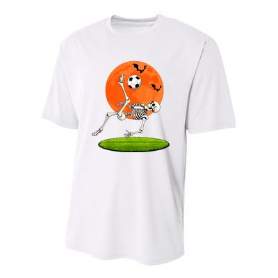 Soccer Skeleton Overhead Kick Soccer Player Halloween Moon Youth Performance Sprint T-Shirt