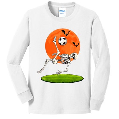 Soccer Skeleton Overhead Kick Soccer Player Halloween Moon Kids Long Sleeve Shirt