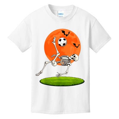 Soccer Skeleton Overhead Kick Soccer Player Halloween Moon Kids T-Shirt