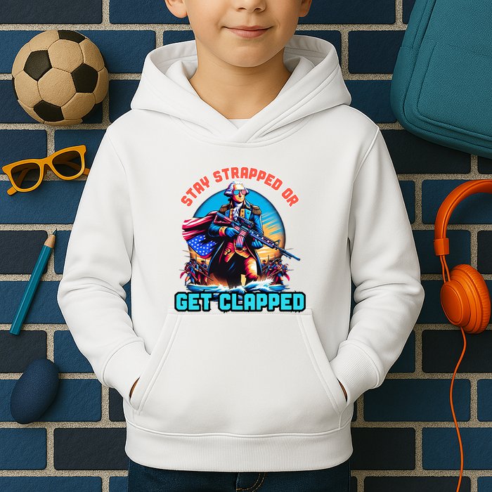 Stay Strapped Or Get Clapped George Washington 4th Of July Kids Hoodie