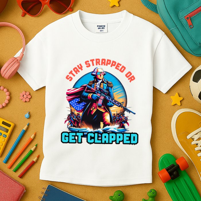 Stay Strapped Or Get Clapped George Washington 4th Of July Kids T-Shirt