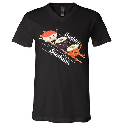 Sushi Sliding On Chopsticks Funny Graphic Plus Size Shirt For Girl Boy Unisex V-Neck T-Shirt