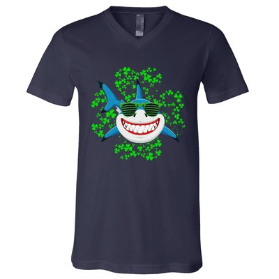 Shark St Patricks Day Shamrock Shark Wearing Green Glasses V-Neck T-Shirt