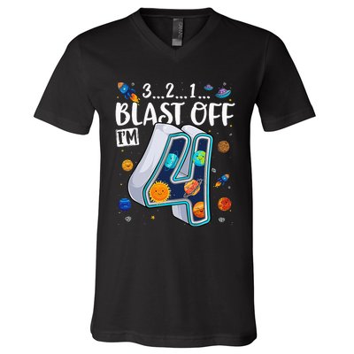 Solar System Planets Four 4 Years Old 4th Birthday V-Neck T-Shirt