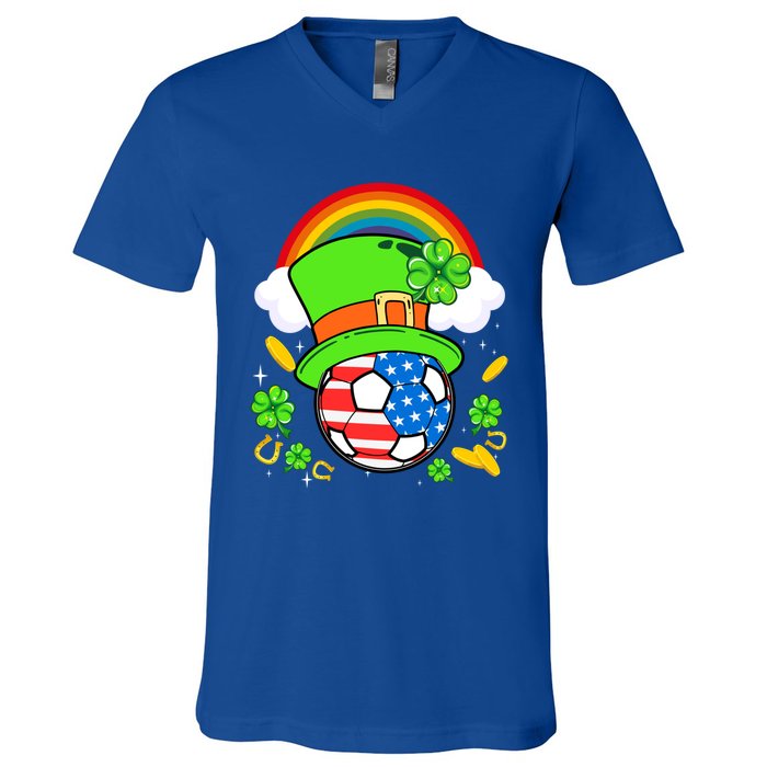 Soccer St Patricks Day Usa Flag Rainbow Shamrock Clover Gift V-Neck T-Shirt