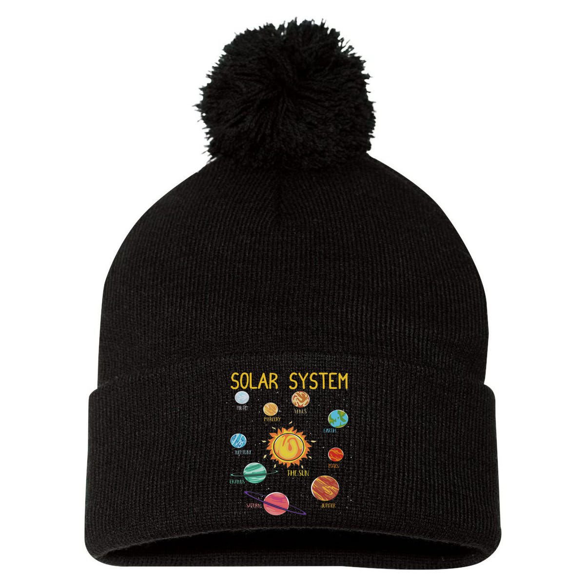 Solar System Planets Science Space Stem Pom Pom 12in Knit Beanie