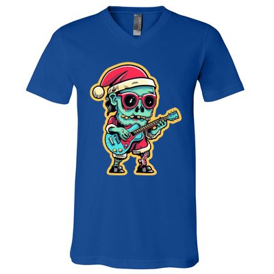 Santa Skeleton Play Guitar Guy Rocker Gift V-Neck T-Shirt