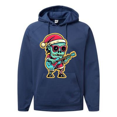 Santa Skeleton Play Guitar Guy Rocker Gift Performance Fleece Hoodie