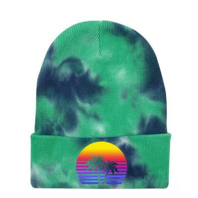 Synthwave Sun Palm Trees Tie Dye 12in Knit Beanie