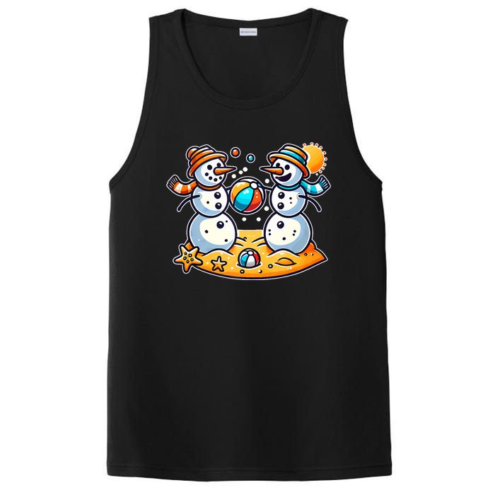 Sand Snowman Playing Beach Ball Xmas In July Summer Beach Tank Top PosiCharge Competitor Tank