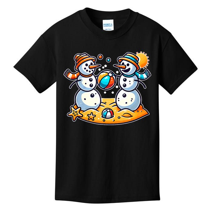 Sand Snowman Playing Beach Ball Xmas In July Summer Beach Tank Top Kids T-Shirt