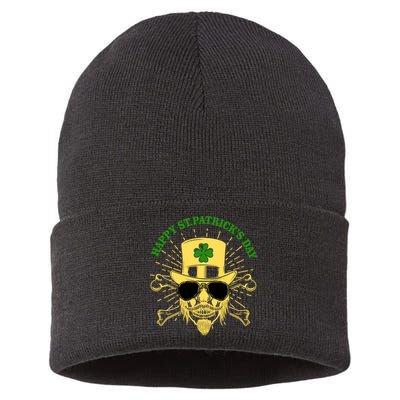 Skull St Patricks Day, Irish Skull Shamrock Sustainable Knit Beanie