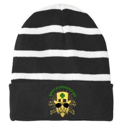 Skull St Patricks Day, Irish Skull Shamrock Striped Beanie with Solid Band