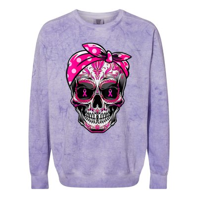 Sugar Skull Pink Ribbon Calavera Funny Breast Cancer Colorblast Crewneck Sweatshirt