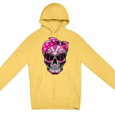 Sugar Skull Pink Ribbon Calavera Funny Breast Cancer Premium Pullover Hoodie