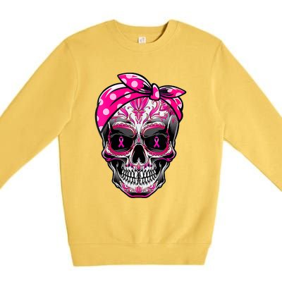 Sugar Skull Pink Ribbon Calavera Funny Breast Cancer Premium Crewneck Sweatshirt