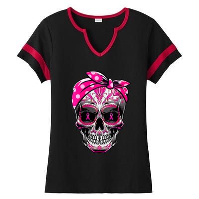 Sugar Skull Pink Ribbon Calavera Funny Breast Cancer Ladies Halftime Notch Neck Tee