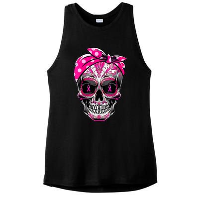 Sugar Skull Pink Ribbon Calavera Funny Breast Cancer Ladies PosiCharge Tri-Blend Wicking Tank