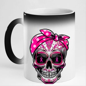 Sugar Skull Pink Ribbon Calavera Funny Breast Cancer 11oz Black Color Changing Mug