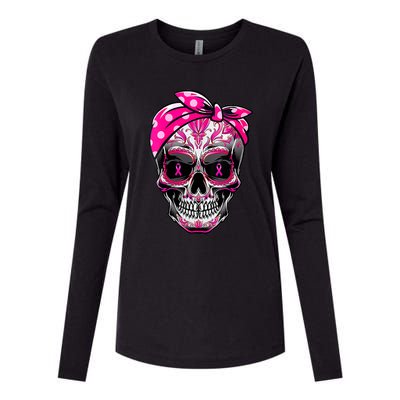 Sugar Skull Pink Ribbon Calavera Funny Breast Cancer Womens Cotton Relaxed Long Sleeve T-Shirt