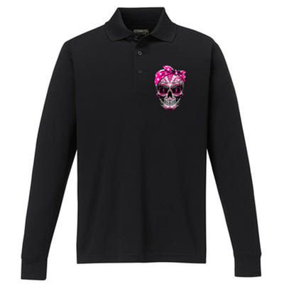 Sugar Skull Pink Ribbon Calavera Funny Breast Cancer Performance Long Sleeve Polo