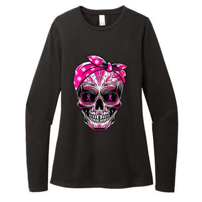 Sugar Skull Pink Ribbon Calavera Funny Breast Cancer Womens CVC Long Sleeve Shirt